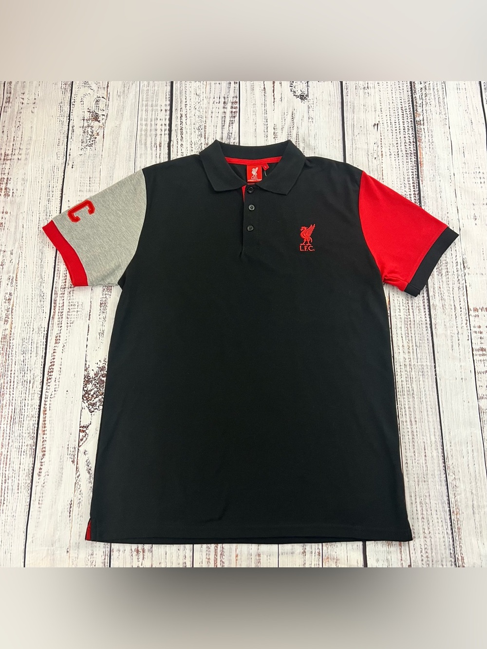 Liverpool FC Contrast Sleeve Polo Shirt Men’s Size Large Black Red Gray SP8500A